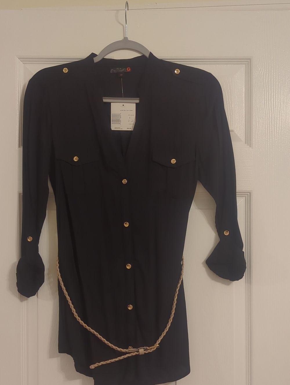 G by Guess Black Long-Sleeve Tunic Shirt with Gold Buttons and Braided Tan Belt